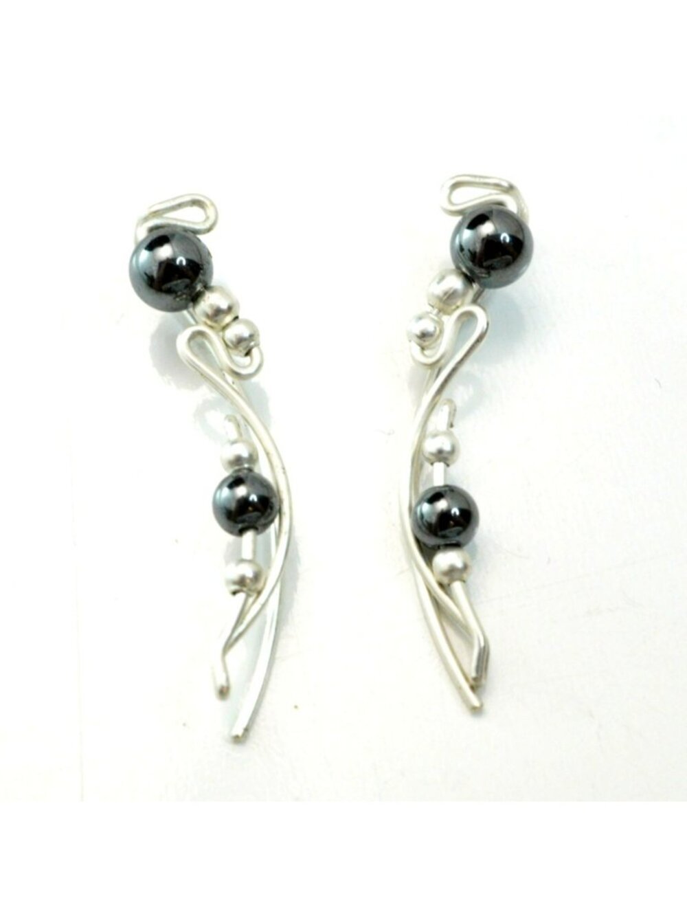 Vintage Silver Tone Modernist Dangle Earrings Curved Bead Design